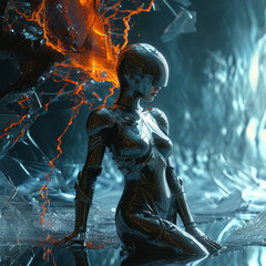 Fototapeta premium humanoid female wearing a cybernetic armour stretches and emerges from a shattered mirror, glass silver mirror ground, glossy metallic suite, Splashes of oily liquid, twisting mass of dark chaos