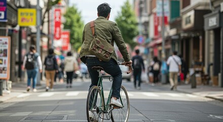 Fototapeta premium A cyclist rides through a busy urban street, navigating past people and shops, embracing the fast-paced energy of city life.
