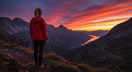 Fototapeta premium A hiker stands on a breathtaking mountain peak at sunset, gazing at the colorful sky and scenic landscape stretching far beyond.