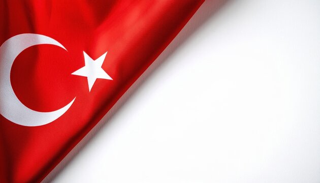 Turkish flag drapes gracefully on a smooth white surface emphasizing its vibrant colors