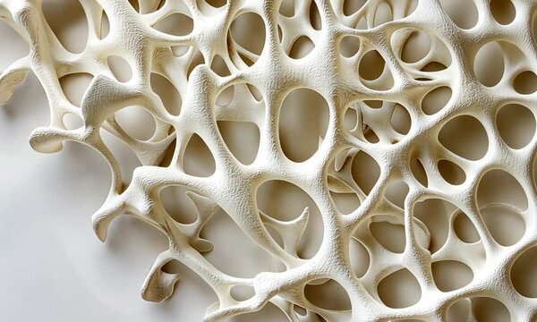 Porous bone structure detail close-up, showing trabeculae on bright white backdrop