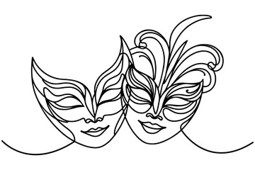 Carnival feather masks single line art drawing. Black and white elegant modern vector design element isolated