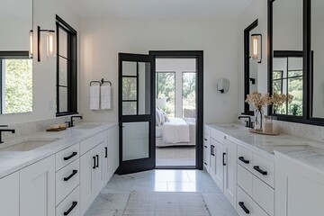 Fototapeta premium Modern minimalist-style bathroom with a double vanity, mirrors, and natural light. White cabinets, marble floors, and black accents. The scene includes an open door leading to the bedroom in the backg