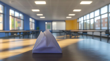 Empty classroom, folded paper napkin on desk, sunlit windows, modern design, education setting.  Use  website, brochure, back-to-school
