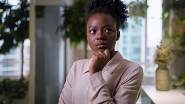 Thoughtful business woman African American girl pensive student office manager female businesswoman thinking ponder deep thoughts planning question idea consider think brainstorm search choose doubt