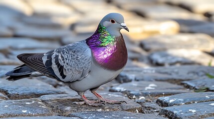 Sleek Rock Dove standing on a cobblestone street its iridescent neck feathers shimmering in shades of purple and green as it pecks at the ground