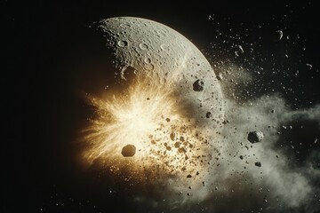 an asteroid hitting the Moon, highlighting the bright spotlight of the impact, large cloud of dust, and displaced lunar rocks