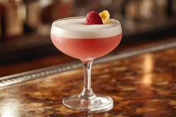 Elegant Clover Club cocktail in coupe glass with frothy layer and garnish