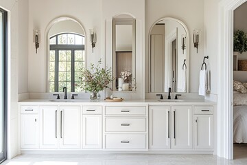 Modern minimalist-style bathroom with a double vanity, mirrors, and natural light. White cabinets, marble floors, and black accents. The scene includes an open door leading to the bedroom in the backg
