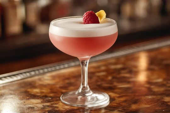 Elegant Clover Club cocktail in coupe glass with frothy layer and garnish - Powered by Adobe