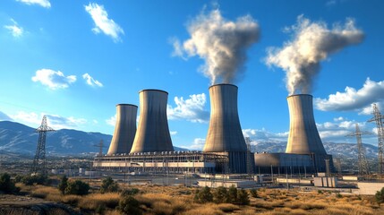 Modern nuclear power station with water steam chimneys, industrial energy plant for electricity generation