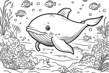 Obraz premium Cartoon whale swimming underwater with smaller fish for coloring book pages