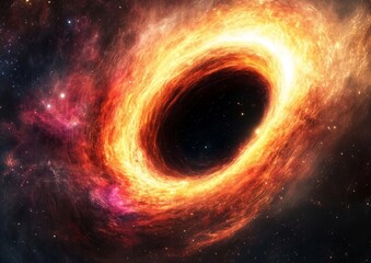 Obraz premium black hole with an accretion disk, highlighting the event horizon with the dazzling display of surrounding stellar bodies