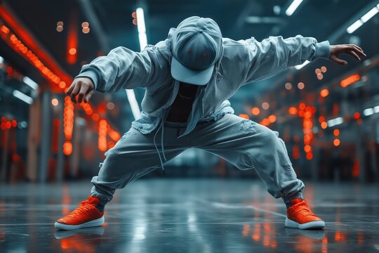 Dynamic hip-hop dancer performing the C-walk with fluid precision and urban energy