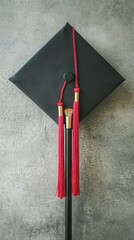 Graduation cap, red tassel, concrete background, education success