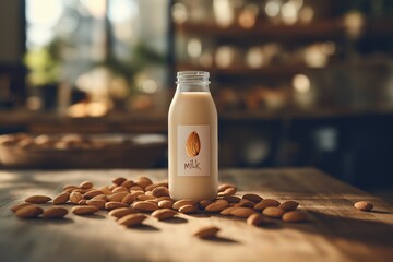 Glass bottle of almond milk with scattered nuts on rustic wooden surface