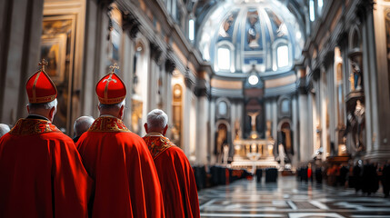 Naklejka premium A group of cardinals in red robes and mitre hats stand in the front row
