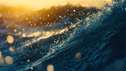 Fototapeta premium Ocean Wave Splashing at Sunset with Golden Light and Water Droplets