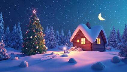 Fototapeta premium Christmas Night Cabin in Snowy Forest; Stock Photo for Holiday Season