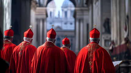 A group of cardinals in red robes and mitre hats stand in the front row