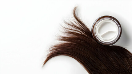 Fototapeta premium Brown Hair Strands Flowing From A Cosmetic Jar On White Background Top View