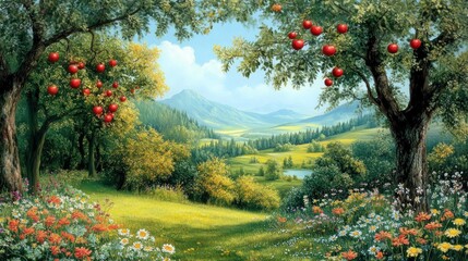 Idyllic Apple Orchard Landscape with Meadow and Distant Mountains View