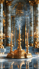 Obraz premium Luxury Candle product display background podium, Gilded Reverie, grand podium encircled by towering golden candlesticks, marble inlays, mystique and elegance, ad, podium platform, product presentation