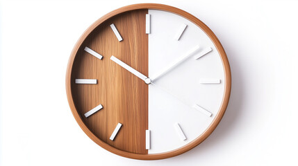 A dual tone wall clock with a half wooden, half metallic face, bold white hour markers, and contrasting hands on a white background.
