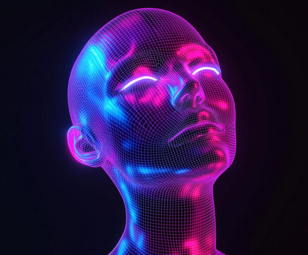 Futuristic 3D mannequin head with neon wireframe details, isolated on a black background, glowing and cyber-inspired