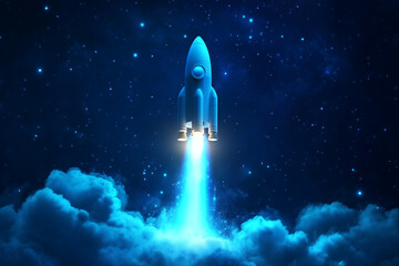 Obraz premium Glowing blue holographic rocket launch projection in futuristic style