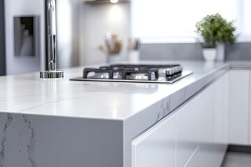 Modern white kitchen interior with a refrigerator, stove, and sink on a marble gray countertop. Minimalist home design of a bright studio apartment or bungalow room for cooking food.