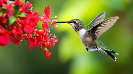 Fototapeta premium Vibrant Ruby-Throated Hummingbird Feeding on Red Flower - Adobe Stock Photo