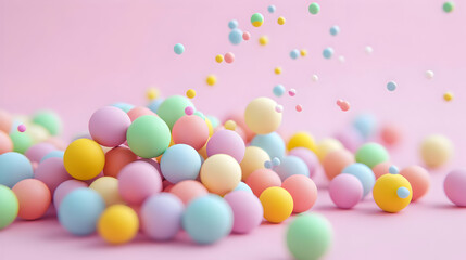 Pastel Colored Balls Scattered On Pink Background Displaying Soft Shapes and Bright Colors