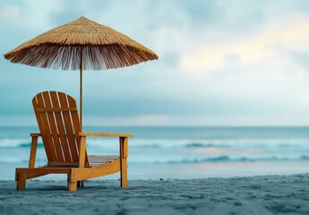 Beach chair under an umbrella by the ocean at sunset.