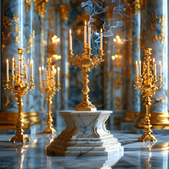 Obraz premium Luxury Candle product display background podium, Gilded Reverie, grand podium encircled by towering golden candlesticks, marble inlays, mystique and elegance, ad, podium platform, product presentation
