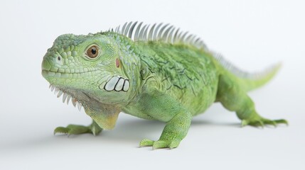 Fototapeta premium Green iguana standing alert on a clean white studio background under bright even lighting.
