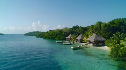 Fototapeta premium Tropical Coastal Scene with Bungalows on a Turquoise Ocean Under a Blue Sky