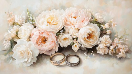 Wedding Rings with Roses and Floral Accents, Romantic Ceremony Art