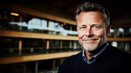 Obraz premium confident man with friendly smile, wearing dark sweater, stands in modern office environment with wooden architecture