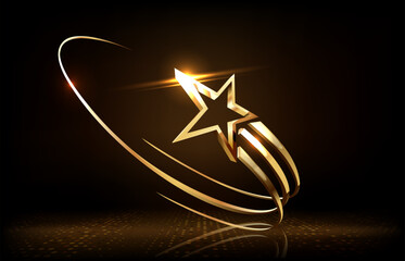 Award ceremony background with 3d gold star and ribbon element and glitter light effect decoration.