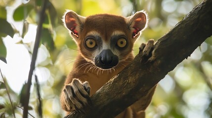 Fototapeta premium Sleek Fossa prowling through the dense jungles of Madagascar its sharp claws gripping a tree branch as it scans for lemurs