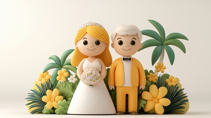 Adorable 3D Cartoon Bride and Groom in Tropical Paradise Setting