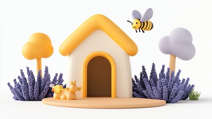 Adorable 3d Rendered Dog House In Lavender Garden With Bee