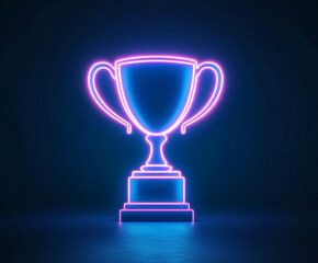 Neon glowing trophy icon against a dark solid color background