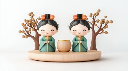 Fototapeta premium Adorable Asian Women Figurines in Traditional Attire with Wooden Drum on Minimalist Base