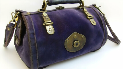 Purple vintage handbag, doctor bag style, on white background. Ideal for fashion blogs and online stores