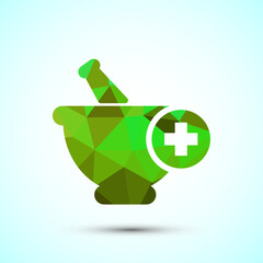 Obraz premium Mortar and pestle icon design illustration. Pharmacy sign symbol for app, website, and logo. Low poly style