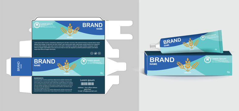 Toothpaste box and tube with template Box packaging design Level packaging design Tube packaging design 3D illustration vector file.
