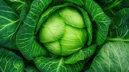 Obraz premium Close Up of Dewdrops on a Fresh Green Cabbage Head