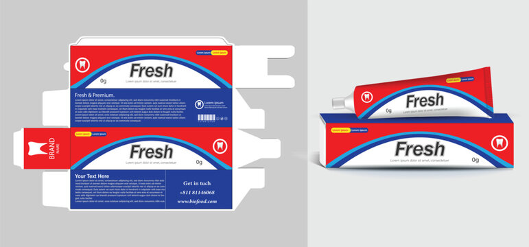 Toothpaste box and tube with template Box packaging design Level packaging design Tube packaging design 3D illustration vector file.
